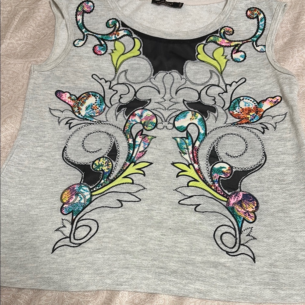 Embroidered Gray Sleeveless Top
